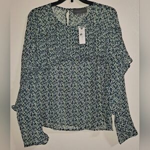 Anthrpologie Blue Green Floral Blouse Sheer Ruffle Long Sleeve Sunday N Brooklyn